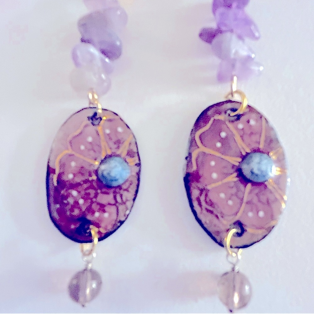 Earrings NWOT Artisan purple Flowers enameled Copper Amethyst stone 3” pierced